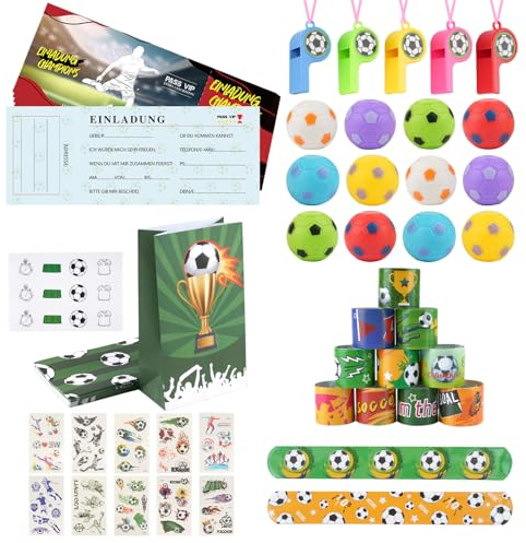 FußBall Mitgebsel, 70 Stück Fußball Mitgebsel Geburtstag Junge, FußBall Party Mitgebsel Kinder Mit Einladungskarten, Geschenktüten, Pfeifen, Tatoo, FußBall Kindergeburtstag für Junge Und MäDchen