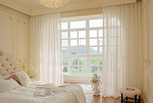 KnSam 2er Set Beige Transparente Gardinen, Halbtransparent Gardinen Einfarbig, Polyester Ösen Vorhänge Fenstergardinen Modern für Wohnzimmer, Jeder B 96 x H 138cm