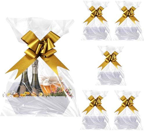 Geschenkkörbe Set, 6 Stück Präsentkorb Leer, Körbe Für Geschenke, Geschenkkorb Pappe Mit Griffen, Bogenknoten Und Transparenten Geschenktüten, Hamper Basket Kit Für Weihnachten Party Feiern (Weiß)