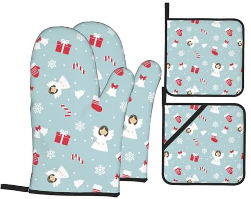 Ofenhandschuhe und Topflappen-Set, Weihnachts-Süßigkeitenstangen, Engel, hitzebeständig, Küchen-Backhandschuhe, rutschfeste Oberfläche zum Kochen, Backen, Grillen, Grillen