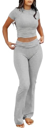 IWOLLENCE myskläder set för kvinnor UK tvådelad outfit kortärmad magtröja och hög elastisk midja breda ben byxor Co Ord set