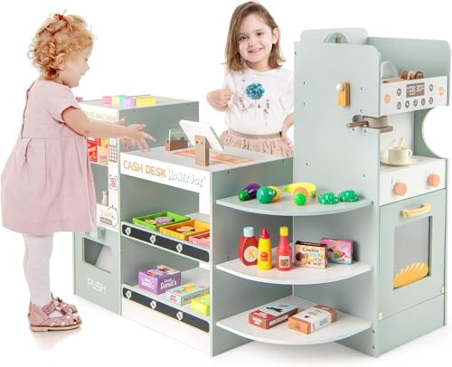 GOPLUS Tienda para Niños, Supermercado de Madera con Caja Registradora, Distribuidor Automático, Cafetera, Horno, Estantes y Accesorios Alimentarios, Juguete de Tienda para Niños de 3+ Años