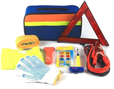 MEETOZ Car Emergency Breakdown Safety Kit 10-in-1 Vehicle Europe Roadside Assistance Travel Kit with Jump Leads, Tow Rope, Warning Triangle, Hi-Vis Vest, Emergency Hammer etc
