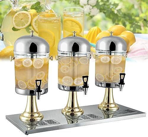 WOTZOV Commercial Beverage Dispenser, 24L Ice Tea Drink Machine, Three Head Clear Glass Stainless Steel Drink Dispensers Machine with Tap for Hot Tea & Coffee, Cold Milk, Water, Juice,Silver，Gold