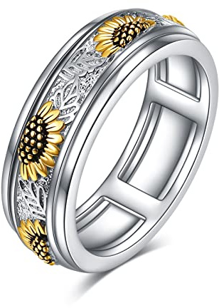 POPLYKE Sterling Silver Sunflower Flower Anxiety Spinner Rings Rotatable Mood Rings for Women Relieve Stress Gift 8.5 Size