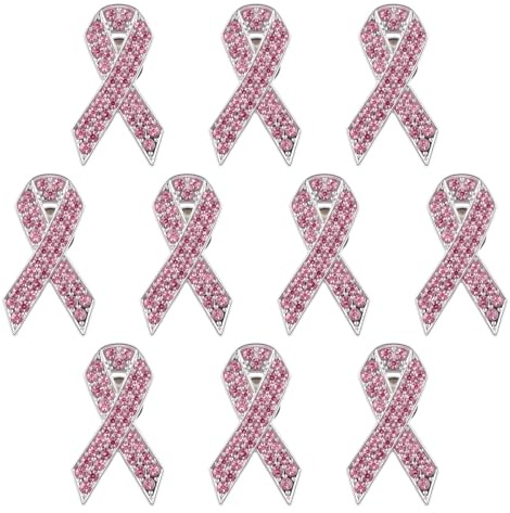 WANDIC Lot de 10 broches en ruban rose pour sensibilisation au cancer du sein avec diamants pour collectes de fonds caritatives, Métal