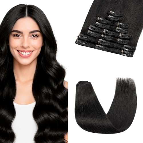 MY-LADY Haarverlängerung Echthaar Clip in Extensions - 8 Doppelt Genäht Wefts, Unsichtbaren Clips 55g Schwarz 30 cm Salon Echthaar Glattes #01