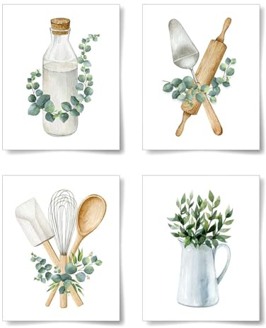 Calkkrer 4 Stück Boho-Küchenposter für Küche und Esszimmer, ungerahmtes botanisches Poster, minimalistischer Kunstdruck für moderne Küche, 20 x 25 cm