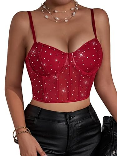Sukiglam Camiseta Sin Mangas Mujer Encaje Corset Verano Crop Tops Lentejuelas Brillantes Corsé Bustier Sexy Ajustado Lencero Glitter Corset Tops Camisetas Tirantes De Fiesta Rave Outfit