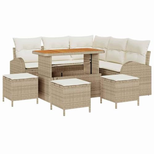 vidaXL 9 Delars Trädgårdsoff Set Med Kuddar Beige Poly Rattan Akacia För Utomhusbruk Hand Vävd Design Vattentålig Justerbara Fötter Skulpterade Modulära Möbler Bekväm Sittning Patio