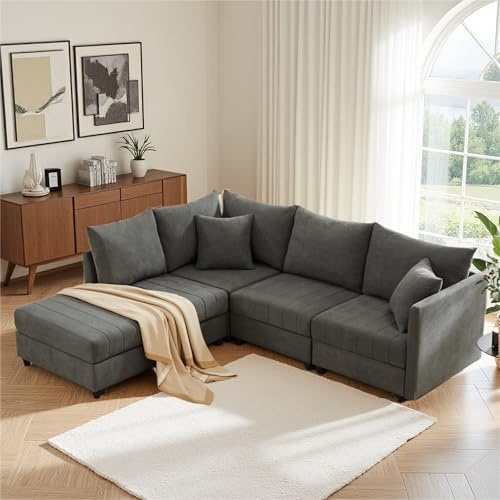 Lubvtti Sofá de esquina moderno con reposapiés transformable, sofá de 4 plazas, sofá en L/U, adecuado para salón, apartamento, Algodón Lino, Gris