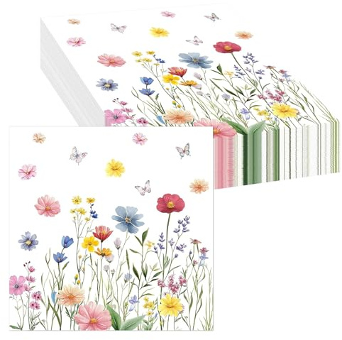 20 Stück Servietten Blumen, Sommer Servietten Sommerparty, 33x33cm Servietten Schmetterling Floral Papierservietten Blumenwiese Deko, Tischdekoration für Geburtstag Hochzeit