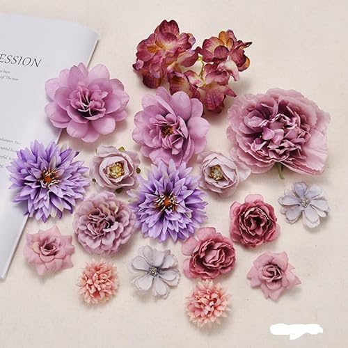 17 Stück Kunstblumen Köpfe künstliche Blütenköpfe Klein Blüten Stoffblumen Blumenköpfe Seidenblumen Rosen Köpfe groß Seidenblumen Köpfe Mix Blumen Lila Blumendeko Kunstblumen Basteln für DIY Hochzeit