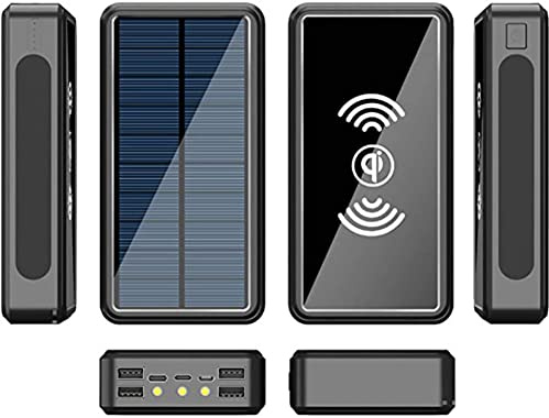 Banque d’Alimentation Chargeur Portable Banque d’Alimentation Solaire Chargeur Solaire sans Fil 10W Charge Rapide Batterie Externe Portable 4 Sorties (USB) Lampe de Poche LED étanche, Noir,