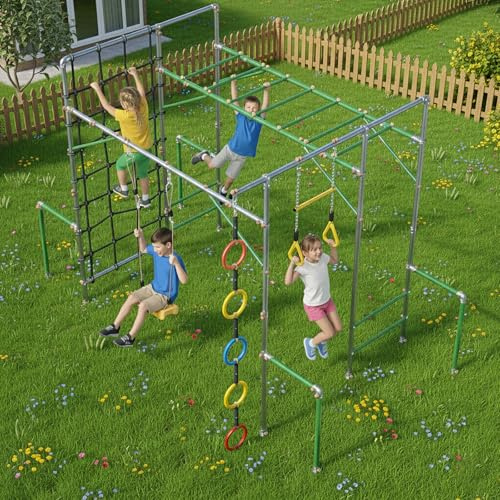 Outdoor Monkey Bars for Kids,Metal Swing Sets for Backyard with 5 Rings Climbing Rope,Monkey Bars Kit with 1 Trapeze Swing Bar and 1 Belt Swing, Jungle Gym with Climbing Net for Playground, Green
