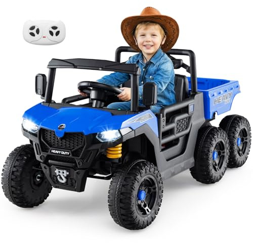 GOPLUS Tractor Eléctrico para Niños 24V, Coche Eléctrico Infantil 2 Plazas con Caja Volquete, Control Remoto, Bocina y Faros, Suspensión de Muelle, para 3-8 Años (Azul)