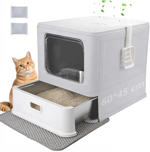 GOYJOY Edelstahl Katzenklo,Faltbare Katzentoilette XXL mit Deckel und Schublade,Geschlossenes Edelstahl Katzentoilette,Einfache Reinigung, Kein Urinaustritt,Geruchskontrolle,mit Katzenstreumatte