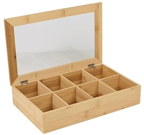 URBNLIVING Bamboo Tea Box Organizer – 8 Compartment Wooden Tea Chest with Lid, Kitchen Countertop Caddy for Tea Bags, Sachets, Spices, or Small Items