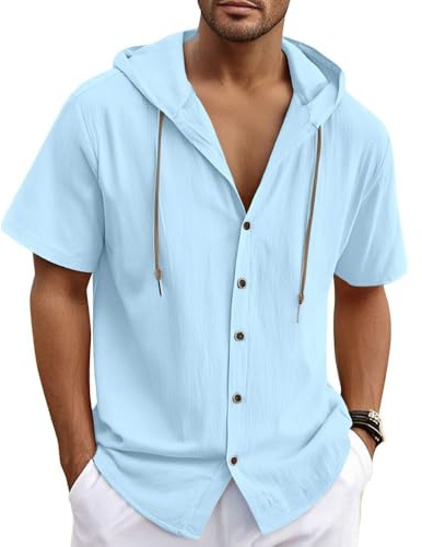 Bsrpolry Camicia da uomo, in cotone e lino, con cappuccio, a maniche corte, da spiaggia, estiva, elegante, XL