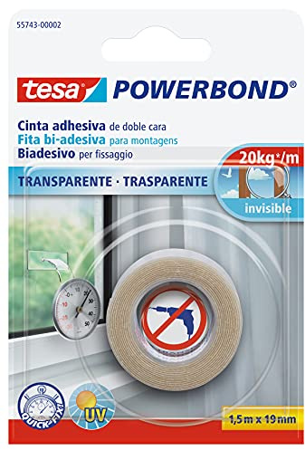 tesa Powerbond TRANSPARENT - Nastro Biadesivo Trasparente - Resistente ai raggi UV, per fissaggio di oggetti in vetro e trasparenti - Regge fino a 2 kg per 10 cm - 1.50 m x 19 mm