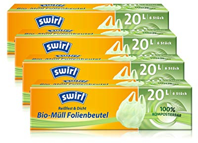 Swirl® Sacs poubelle biologiques en film avec poignée 20 L/6 sachets, de 4 (4 x 6 pièces)