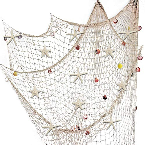 Fangoo Nature Fish Net Wall Decoration with Colorful Sea Shells and Natural Starfish Ocean Themed Mediterranean Style Fishing Net for Beach Party,Wedding,photography Wall Decoration (Beige 200x150cm)