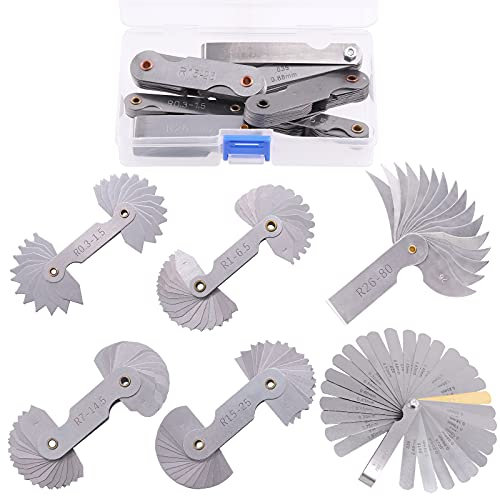 Keadic 6 Pcs Stainless Steel Radius Gauge with Feeler Gauge Set, R0.3-1.5/ R1-6.5/ R7-14.5/ R15-25/ R26-80 Arc Radius Fillet Gauge and 0.04-0.88mm Metric and Imperial Gap Measure Tool