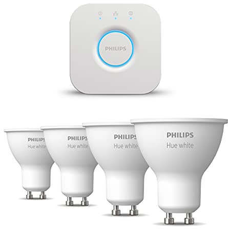 Philips Hue Kit de démarrage - GU10 - avec 4 Spots - Lumière blanche chaude - Comprend 1 Hue Bridge - Hue White