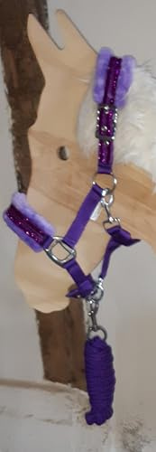 HKM Shetty Fell Plüsch Halfter Set Glitter ideal auch für´s Holzpferd (lila, Shetty)
