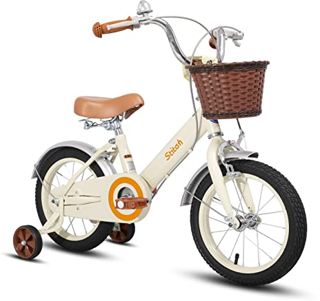 STITCH 16 Zoll Kinderfahrrad für 4 5 6 7 Jahre Mädchen, Kinderfahrrad mit Vorderkorb & Stützrädern für 4-7 Jahre Kinder,Beige