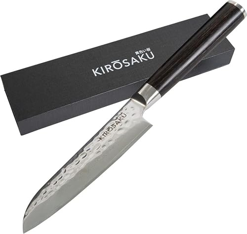 Kirosaku Kitchtic Fleischmesser Santoku Damastmesser - Damaskus Messer - Pakkaholzgriff - Küchenmesser, Filetiermesser und Kochmesser - 13 cm Klingenlänge