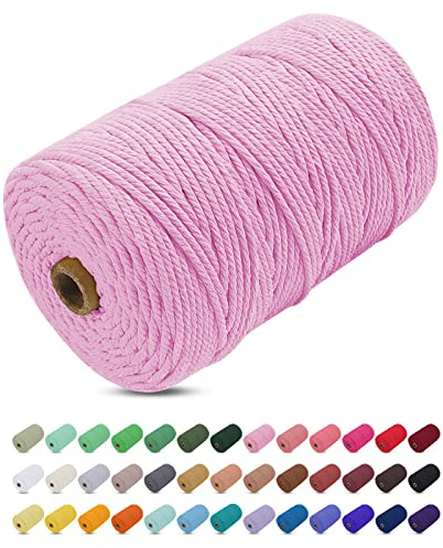Uiopa Hilo Macrame 3mm x 200m, Cuerda Macrame Gruesa Cuerda de Algodon Natural, Cordel Colores Hilo de Algodón para Manualidades, Macrame Pared, Cortinas, Colgar Plantas, Colgar Fotos (Rosado)