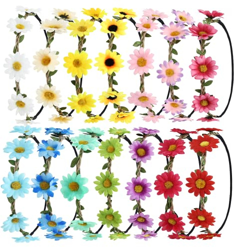 Cinaci 14 Stück handgefertigte verstellbare Sonnenblumenkronen Stirnbänder Kranz Tiara Girlande Hochzeit Party Kopfschmuck für Frauen Mädchen Bräute Brautjungfern Teenager
