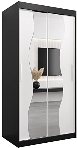 KRYSPOL Schwebetürenschrank Madryt 100 cm mit Spiegel Kleiderschrank mit Kleiderstange und Einlegeboden Schlafzimmer- Wohnzimmerschrank Schiebetüren Modern Design (Schwarz + Weiß)