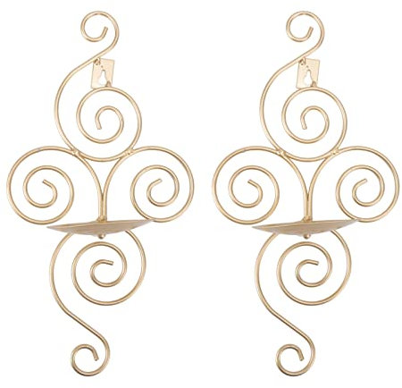 Portavelas de pared vintage de 2 piezas, portavelas de columna de pared, candelabro colgante de hierro forjado para dormitorio, salón o pasillo, 33 x 18 cm (dorado)