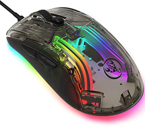 KUIYN Souris transparente 383 PRO X400, ultra légère, 13 souris rétroéclairées RVB, 6 DPI réglables, programme Marco, modèle optique USB, modèle Aerox pour Win10/Xbox/PS4/PS5/Mac/HP/Acer, C-Clear