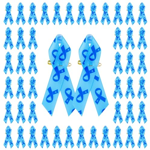 WANDIC 100 Stück blaue Bandnadeln, Satin-Darmkrebs-Pins mit Muster-Design, Prostata-Krebs-Bewusstseinsband, blaue Brosche mit Sicherheitsnadeln für Männer oder Frauen