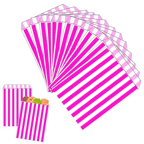 100 Rosa Gestreifte Papiertüten, 12x18cm, SchenkePapiertüten, Schokolade, Bonbons und Plätzchen Für Kinder,Pommes und Dergleichen, Feten Für die Weihnachtsfeier und die Geburtstage.