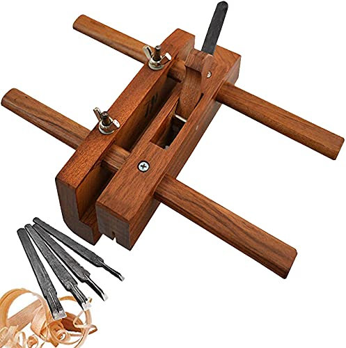 Adjustable Wooden Plough, DIY Rabbet Hand Plane, Double Handle Woodwork Slot Grooving Woodcarver with 5 Planer Blades, for Finishing Wood Surface Smoothing,Trimming