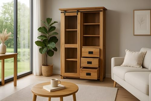 SAM Vitrine Libro, Akazienholz massiv + naturfarben, Glasvitrine mit Einer Glasschiebetür, 3 Schubladen & 7 offenen Fächern, Türelemente & Reling aus Gusseisen, 100 x 175 x 43 cm