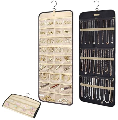 QUMENEY 1Stück Hanging Jewelry Organizer Necklace Holder Dual-sided Jewelry Organizer Hanging mit Metallhaken Ohrring Sonnenbrille Krawatte 32 Fächer und 3 Wave-Shaped
