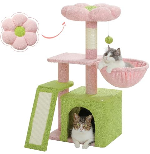 PETEPELA Árbol de flores para gatos de interior, torre pequeña de 31.5 pulgadas con rampa rascadora de sisal, hamaca acogedora y percha extraíble para gatitos, rosa