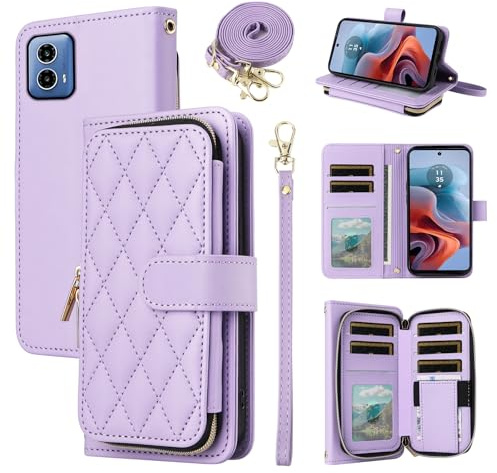 ELISORLI Wallet Case for Motorola Moto G34 5G with Detachable Wrist Strap Crossbody Shoulder Strap 9 Card Slots Zipper Purse Luxury PU Leather Stand Cell Phone Cover for MotoG34 G 34 Girls Purple