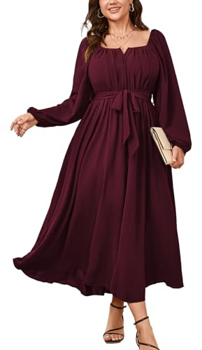 SCOMCHIC Women Plus Size Maxi Dress Long Sleeve Square Neck Wedding Guest Cocktail Belted Elegant Flowy A Line Long Dresses Burgundy