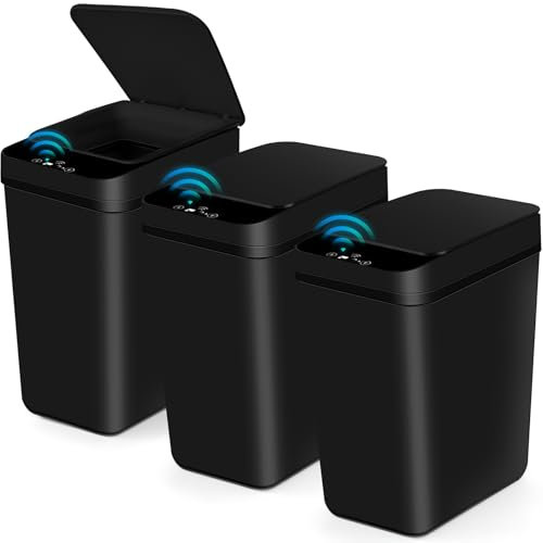3 Pack Automatic Small Bathroom Trash Can with Lid - 3 Gallon Touchless Garbage Can, Motion Sensor Smart Trash Bin, Waterproof Wastebasket, Slim Dog Proof Trashcan for Bedroom Office Kitchen (Black)