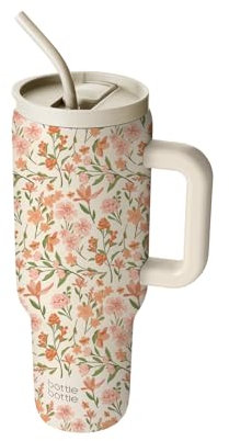 bottlebottle BOTTLE BOTTLE 40oz (1.2L) Kaffeebecher aus Edelstahl mit Griff & Strohhalm, BPA-frei, isolierter Thermobecher für Reise, Büro, Uni & Sport, Geschenkidee (Retro Blumen)