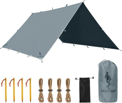 FREE SOLDIER Tarp Wasserdicht 3x3,2m Ultraleicht-Tarp Zeltplanen UV Schutz Camping Sonnensegel Zelt Freien Große für Camping, Wandern, Outdoor-Aktivitäten (Graublau)