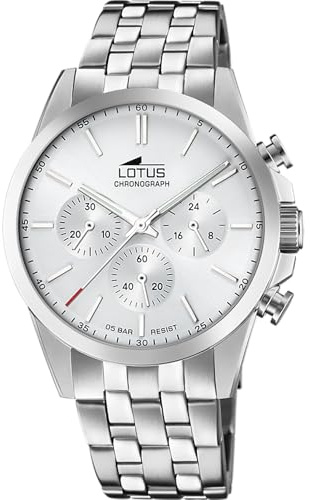 LOTUS Reloj Hombre Analógico de Acero Inoxidable 316l Plateado - Movimiento de Cuarzo - Cronógrafo - Cristal Mineral de Alta Resistencia - Resistente al Agua 5 ATM 18989/1 Chrono