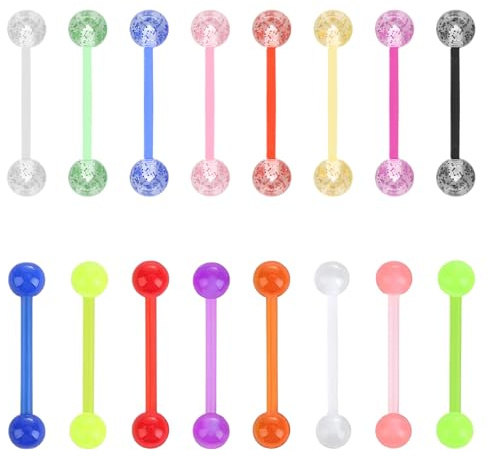 Qianeffort 16G Plastic Tongue Bars,16 PCS Acrylic Tougue Bar Piecing,16 MM Colorful Tongue Piecing,Plastic Nipple Bars,Glitter Tongue Barbells,Nipple Piercing Jewellery,Tongue Piercing for Women Men
