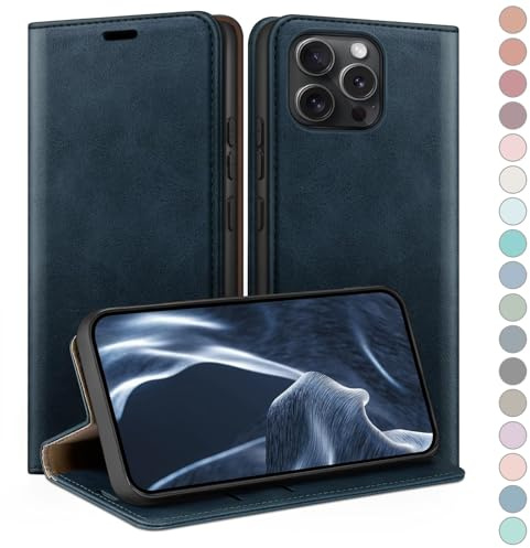HUOUH für iPhone 15 Pro Max 6.7 Hülle mit RFID Schutzhülle aus Lederhülle Handyhülle,Kartenfach Leder ständer Handy hülle,360 Grad Schutz Cover für Apple 15 Pro Max Klapphülle Wallet Case Dunkelblau